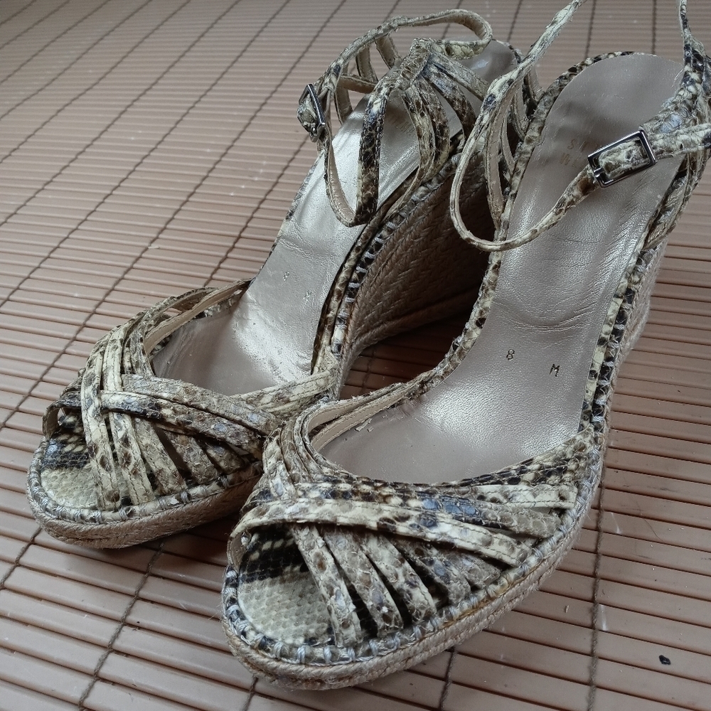 Stuart Weitzman women's snake print platform espadrille 4" wedge heel sandal. Sz